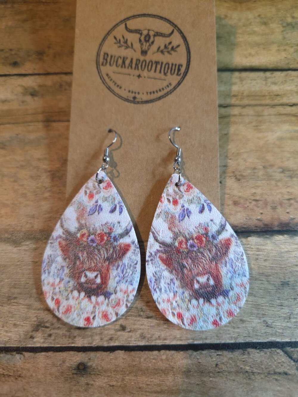 Western Highland Cow Floral Teardrop Earrings Rodeo Boho Cowgirl